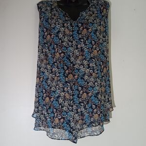 Sleeveless Floral V-Neck Blouse - Navy Blue Multi